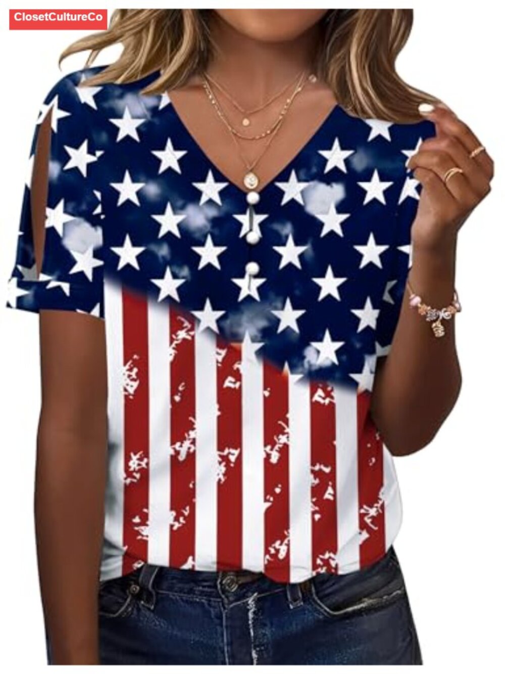 Women's Cold Shoulder Button V Neck Short Sleeve Blouse Top